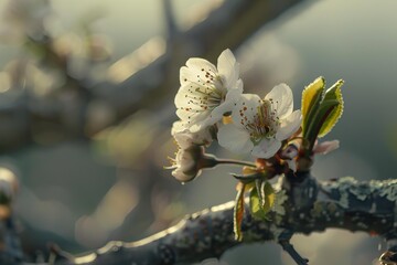 Wall Mural - Beautiful cherry tree branch with delicate white flowers blooming in spring