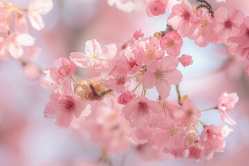 Wall Mural - Cherry tree branch blooming with pink flowers during spring time with a blurred background