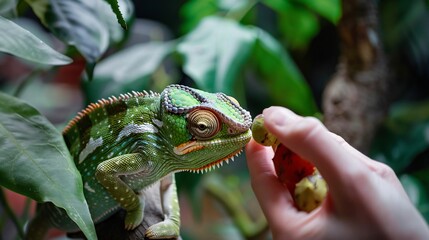 Wall Mural - A unique scene of an exotic pet, like a chameleon, being fed its special diet