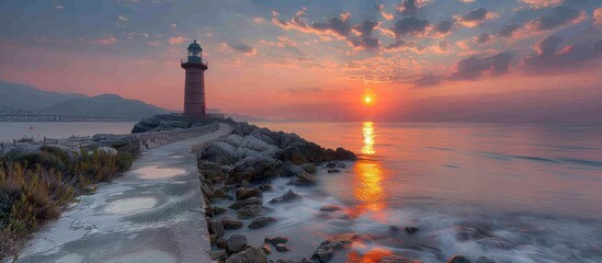 Wall Mural - Lighthouse at Sunset on a Rocky Coastline