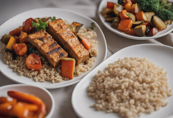 Wall Mural - A serving of baked tempeh with roasted vegetables and a side of brown rice on a white background.
