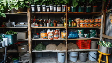 Fototapete - Immaculately neat gardening corner with sorted tools and labeled bins