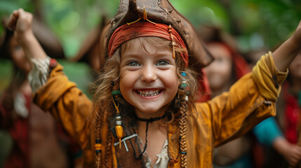 Portrait of a cute little girl in a pirate costume.