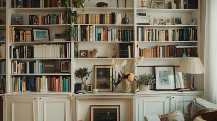 Fototapete - Bookshelf with books sorted by size and color