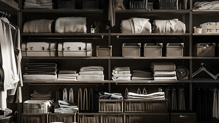 Fototapete - Closet with folded monochrome clothes and labeled boxes