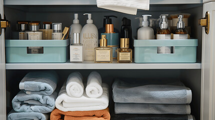 Fototapete - Bathroom cabinet with labeled bins and skincare products