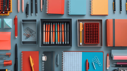 Fototapete - Desk with arranged office supplies and color-coordinated pens
