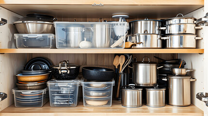 Fototapete - Kitchen cabinet with stacked pots and labeled utensil bins