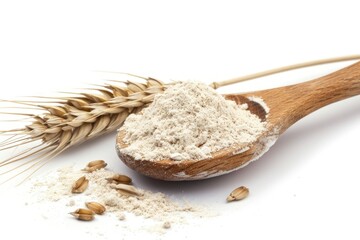 A wooden spoon filled with flour near wheat, suitable for baking or cooking illustrations