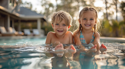 Wall Mural - Portrait of two cute little kids having fun in swimming pool at home