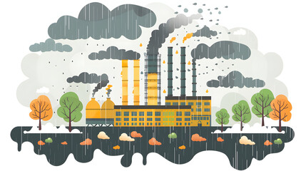 flat design of a factory surrounded by trees and clouds in an acid rain customizable semi flat illustration, acid rain customizable semi flat illustration isolated on white background, vintage, png