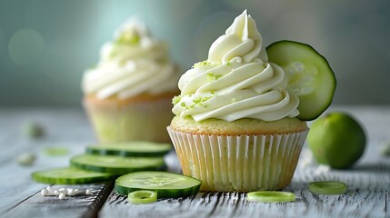 Single refreshing cucumber lime cupcake with lime frosting and cucumber slice 