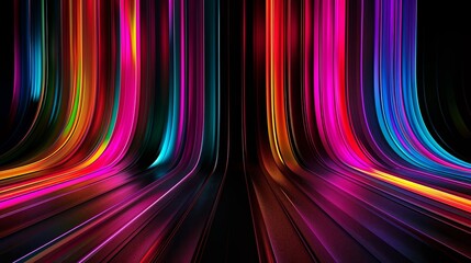 Dynamic energy and motion in modern design as vibrant colorful lines merge on dark backdrop. Rainbow gradients for tech concepts add a lively touch