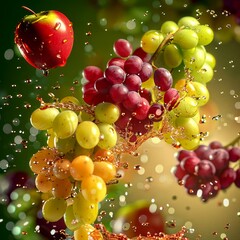 Poster - Colorful splash of fresh grapes and apple in vibrant water droplets. Bright and lively fruit composition. Illustration style for food photography and healthy eating concepts. AI