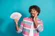 © deagreez - Photo of excited happy man wear trendy striped clothes win lottery isolated on cyan color background
