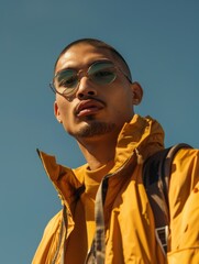 Fashion editorial streetwear campaign of an asian model, yellow jacket sunglasses, isolated on sky background, low angle, generative ai