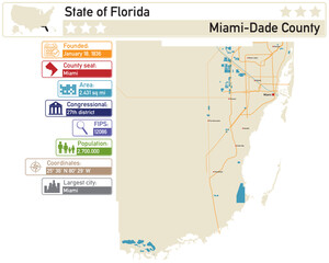  Detailed infographic and map of Miami-Dade County in Florida USA.