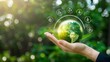 © Stocks Buddy - Hand holding green planet surrounded by energy icons symbolizing sustainable energy solutions, global environmental conservation, renewable power innovation
