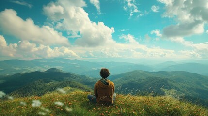 A person breathing in the fresh mountain air, scenic view