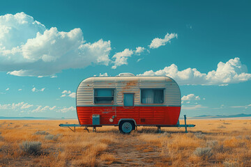 Canvas Print - Minimalist caravan image with simple, aesthetic details set against a vast, open space