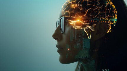 AI Mate in profile view, wearing glasses and featuring detailed digital brain imagery with binary code patterns on her head