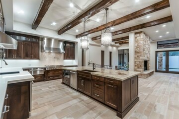 Kitchen in luxury home with vaulted ceiling. Northwest, USA