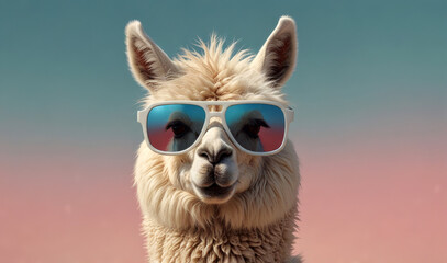 Wall Mural - Creative animal concept. Llama in sunglass shade glasses isolated on solid pastel background, commercial, editorial advertisement, surreal surrealism