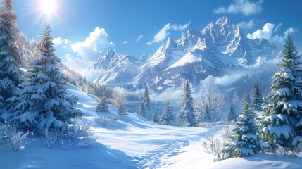 Poster - Majestic Snowy Mountain Landscape under Bright Winter Sky