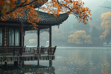 Traditional chinese wooden building standing on a lake surrounded by autumn trees