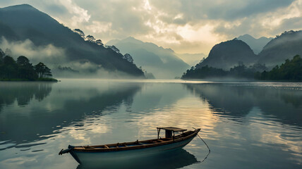Naklejka na meble Beautiful Asian nature, floating wooden boat in lake, boat, lake, travel, nature, water, landscape