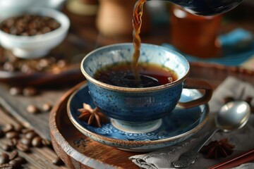 Wall Mural - Steaming coffee being poured into a blue handcrafted ceramic cup, with coffee beans and star anise on a wooden tray