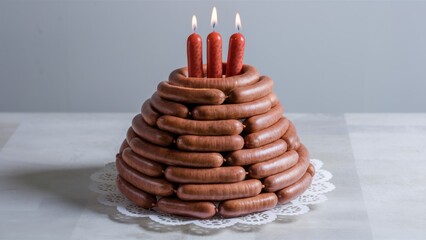 Poster - A cake made of sausages with candles in them on a table, AI