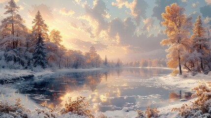 Poster - Serene Winter Wonderland: Glowing Sunset over Frozen Lake