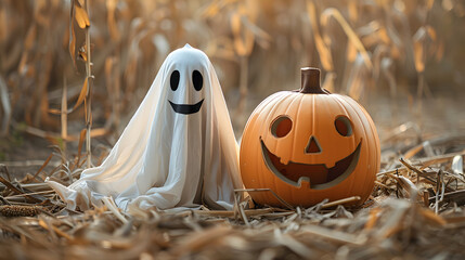 Canvas Print - A cheerful ghost dressed in a white sheet and a carved jack-o'-lantern with a smiling face sitting together in a dry, autumn field filled with cornstalks.