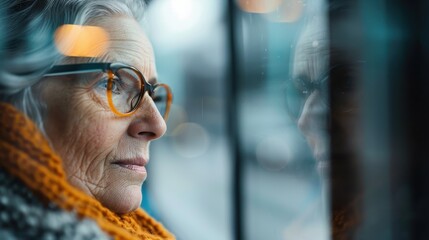 An older woman with glasses is captured looking out the window during her bus travel. The image suggests contemplation and reflection during personal commute or urban travel.