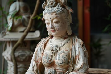 Ancient chinese statue of guanyin looking down with other statues in soft focus in the background