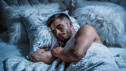 Sticker - A man sleeping on a bed with white pillows and blankets, AI