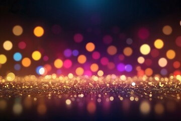 Wall Mural - Glowing bokeh lights with glitter. Sark night background with shiny, colorful circles.