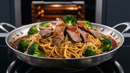 Canvas Print - A pan with noodles and meat in a sauce on top of broccoli, AI