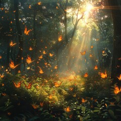 Wall Mural - Enchanting Forest Scene: Butterflies Fluttering Amidst Nature's Tranquil Beauty