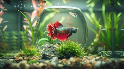 Canvas Print - A detailed view of a betta fish in a small, beautifully decorated aquarium.