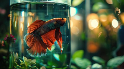 Canvas Print - A detailed view of a betta fish in a small, beautifully decorated aquarium.