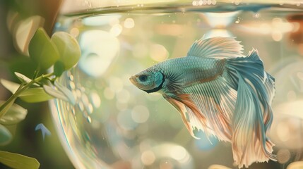 Canvas Print - A detailed view of a betta fish in a small, beautifully decorated aquarium.