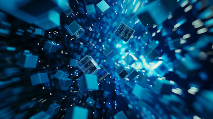 Wall Mural - Digital 3D cubes in a dynamic, blue tunnel.