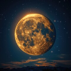 Majestic Scene: A Large Full Moon Illuminating the Night Sky with Celestial Beauty