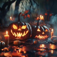 1. A spooky Halloween scene featuring carved pumpkins, jack-o'-lanterns with eerie faces, and glowing candles, set against a dark background