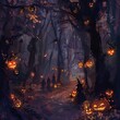 © Sirapopmillion - 8. A spooky forest path lit by jack-o'-lanterns and lanterns, with figures in Halloween costumes lurking in the shadows, creating an eerie scene