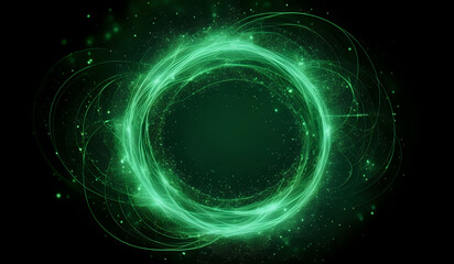 Wall Mural - A ring of green neon energy waves on a dark background with magical sparks