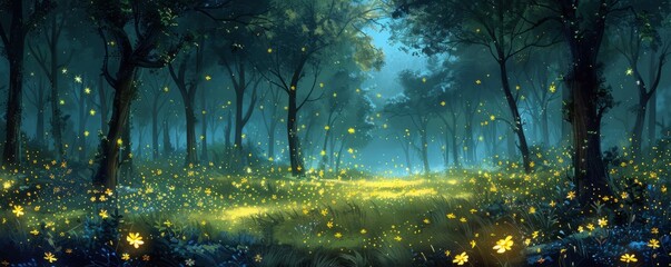 Wall Mural - An enchanted forest glade bathed in moonlight, with fireflies dancing among the trees.