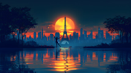 Illustrated sunset scene with Eiffel Tower reflection in water, capturing the essence of the Summer Olympic Games in Paris